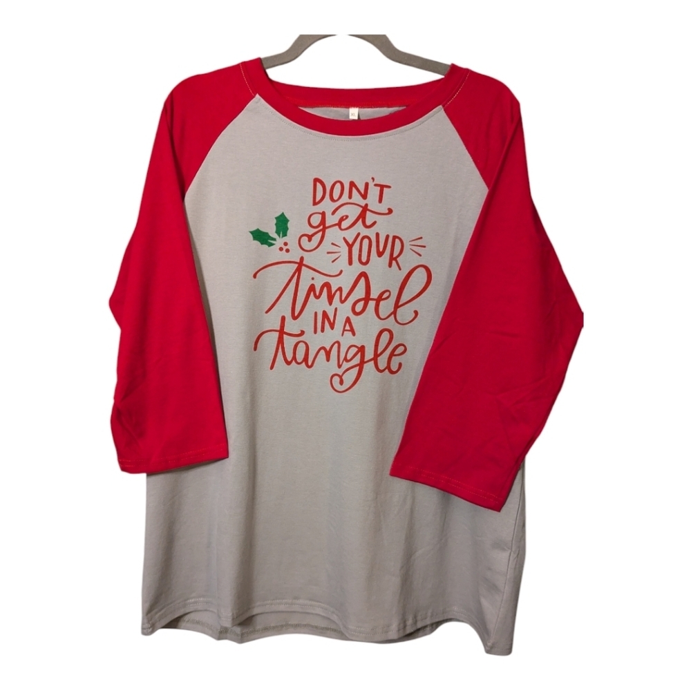 Tinsel in a Tangle XL Red Gray Raglan Baseball T-shirt NWOT